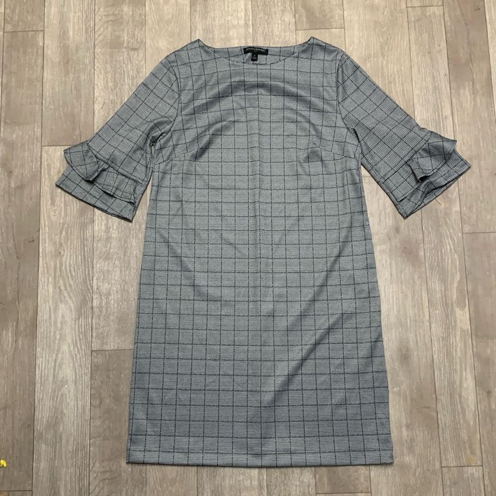 Banana Republic Houndstooth Ruffled Kimono 3/4‎ Sleeve Plaid Work Casual Dress